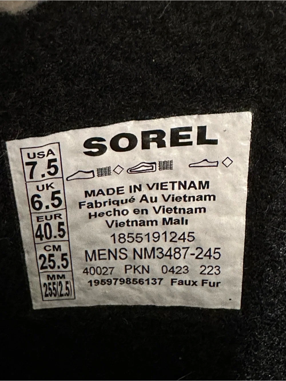 Sorel Mens Winter Boot Label — Black Fabric Interior US Mens 7.5